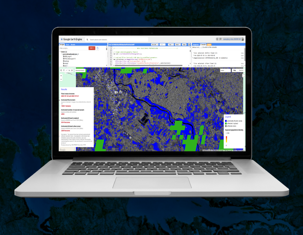 A laptop mockup showing the interface of Google Earth Engine doing hazard analysis.