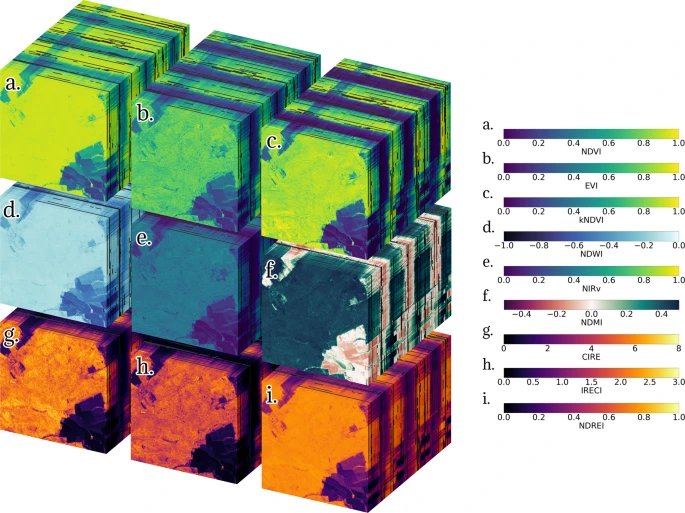 Spectral indices mini cubes computed from Sentinel-2 displaying a 2.56 km radius around the DE-Hai site. The cubes have dimensions {x = 512, y = 512, time = 195}. The initial date is 2018-07-09 (front) and the final date is 2021-09-26 (back). The displayed indices are (a) NDVI, (b) EVI, (c) kNDVI, (d) NDWI, (e) NIRv, (f) NDMI, (g) CIRE, (h) IRECI, and (i) NDREI. For an interactive variant of the image visit https://www.lexcube.org/.